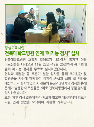 [평생교육사업] 전북대학교병원 연계 폐기능 검사 실시 - 전북대학교병원 호흡기 알레르기 내과에서 복지관 이용 어르신들을 대상으로 11월 22일~12월 25일까지 총 4회에 걸쳐 폐기능 검사를 무료로 실시하였습니다. 천식과 폐질환 등 호흡기 질환을 검사하여 조기진단 및 합병증을 사전에 파악하여 경제적 손실과 삶의 질 저하를 예방하고자 실시하였으며, 전문의 문진과 3단계의 검사를 통해 문제가 발생한 어르신들은 2차로 전북대병원에서 정밀 검사를 실시하였습니다. 또한, 차후 검사 결과에 따라 치료가 필요한 대상자에게 의료비 지원 연계 방안을 모색하여 지원할 계획입니다.